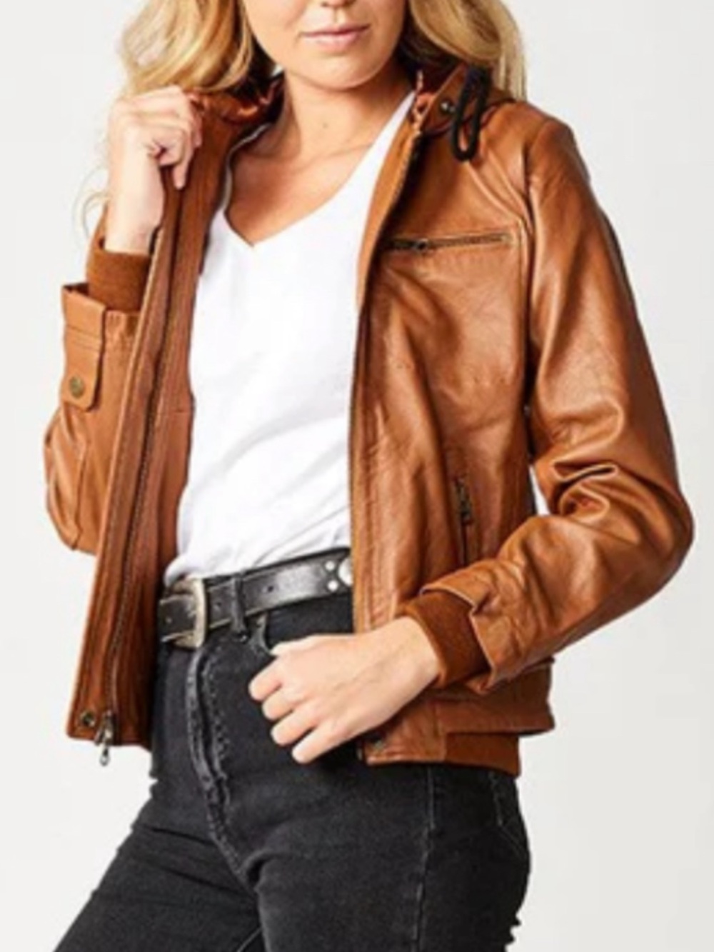 Women’s Tan Leather Bomber Jacket